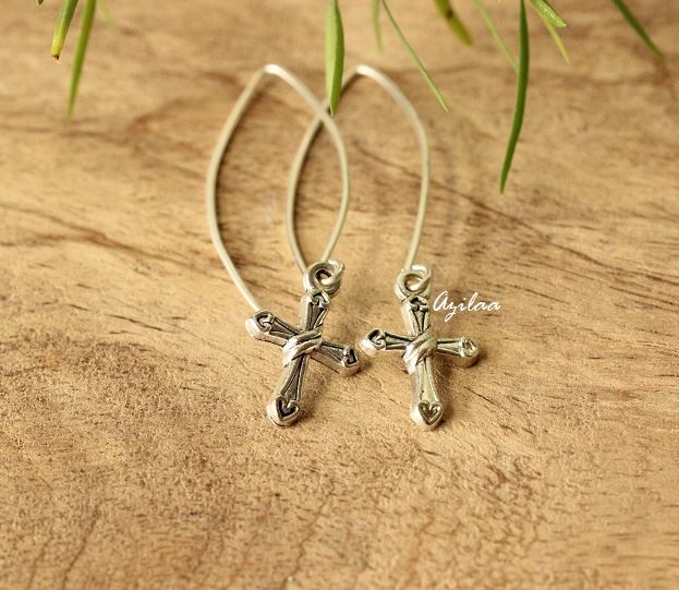 Faith Cross charm silver long dangler  earrings