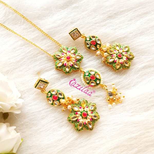Festive Green minakari kundan pendant chain necklace set