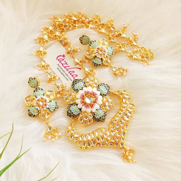 Festive minakari Pastel blue pendant necklace set