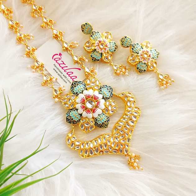 Festive minakari Pastel blue pendant necklace set