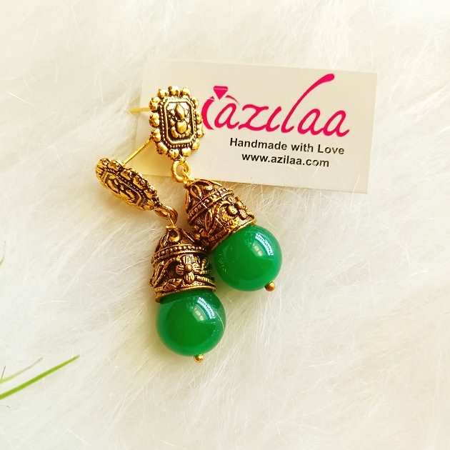 Floral Green beaded dangler antique golden earrings