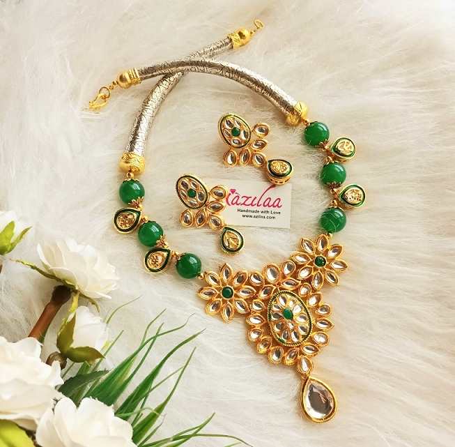 Floral Green beaded festive necklace set earrings