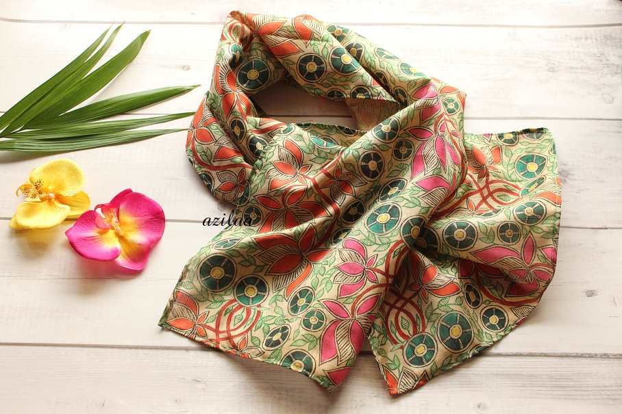 Lotus floral Madubani art Tusser silk scarf