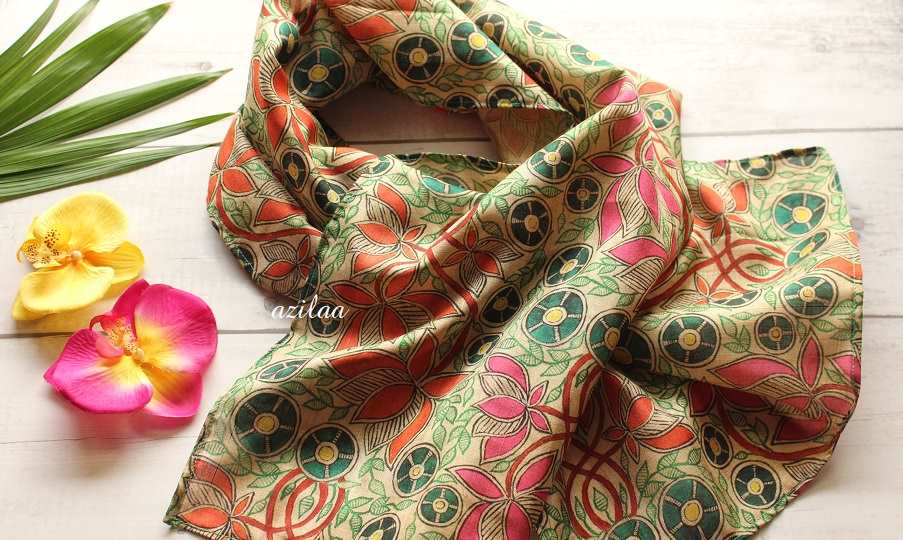 Lotus floral Madubani art Tusser silk scarf