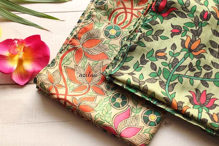 Lotus floral Madubani art Tusser silk scarf