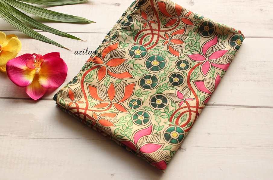 Lotus floral Madubani art Tusser silk scarf