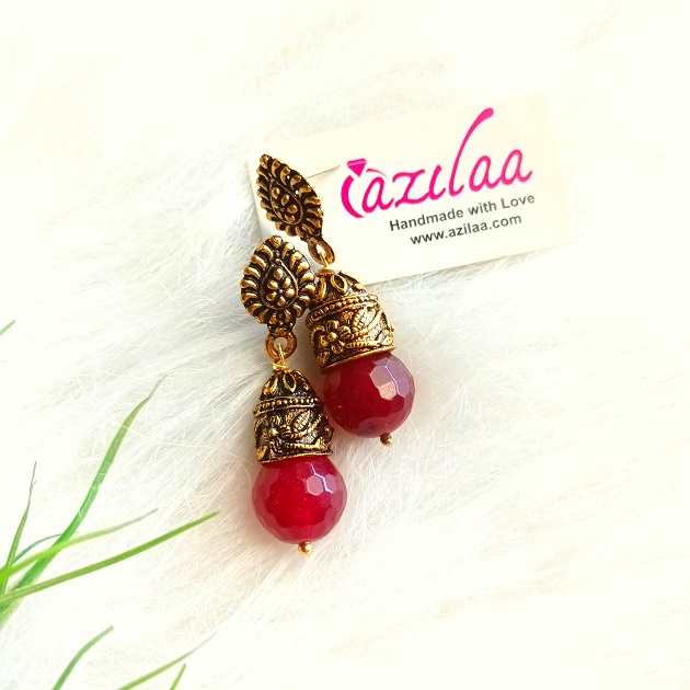 Floral Maroon beaded dangler antique golden earrings