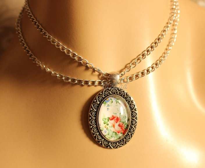  Floral Vintage style layered chain choker pendant necklace 