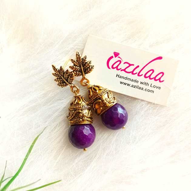Floral purple beaded dangler antique golden earrings