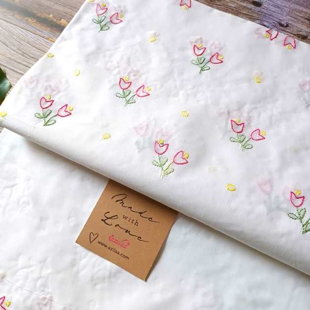Cute Tulips white cotton hand embroidered table cloth 01