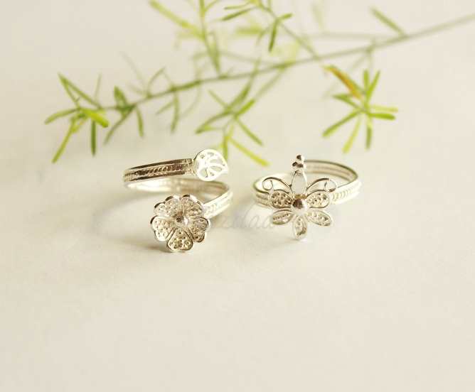 Flower Toe rings adjustable sterling silver artisan handmade