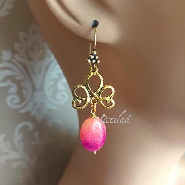 Pink Chandelier dangler antique golden earrings