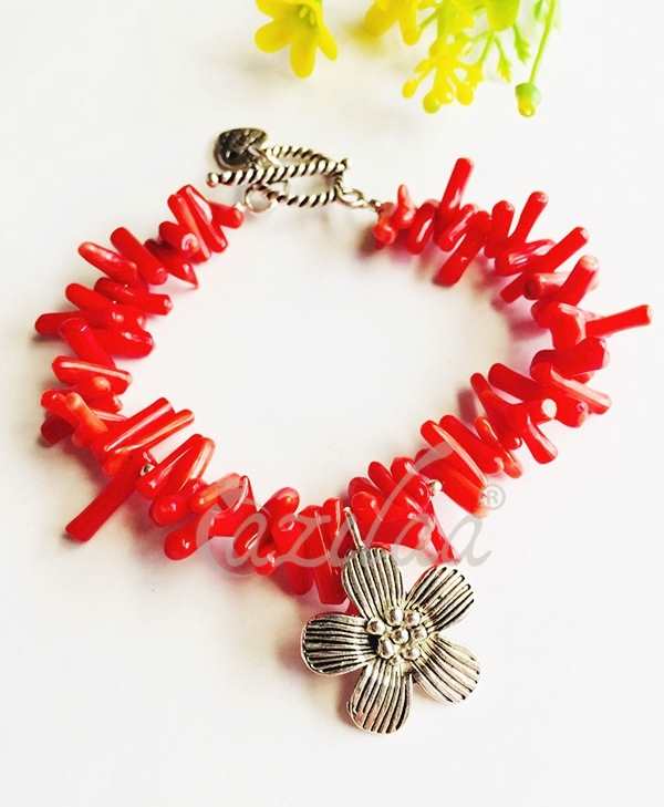 Flower charm Red Coral gemstone beaded handmade bracelet