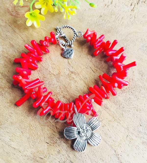 Flower charm Red Coral gemstone beaded handmade bracelet