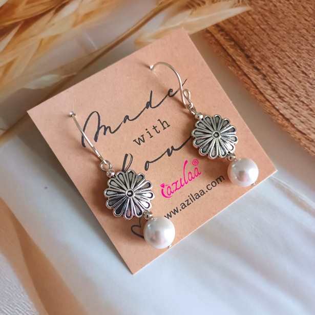 Flower charm pearl gemstone antique silver tone earrings