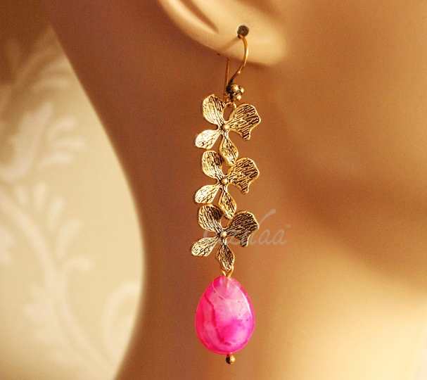 Golden Flower pink gemstone Necklace earrings set