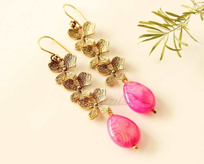 Golden Flower pink gemstone Necklace earrings set