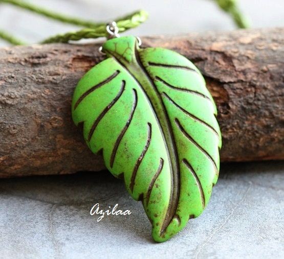 Fresh green leaf gemstone pendant necklace, Unique jewelry