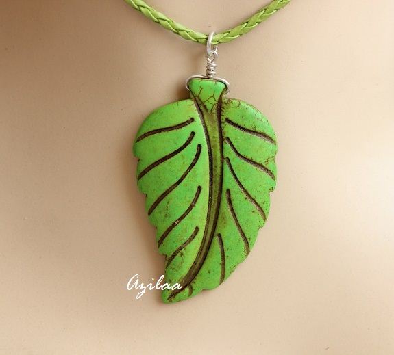 Fresh green leaf gemstone pendant necklace, Unique jewelry