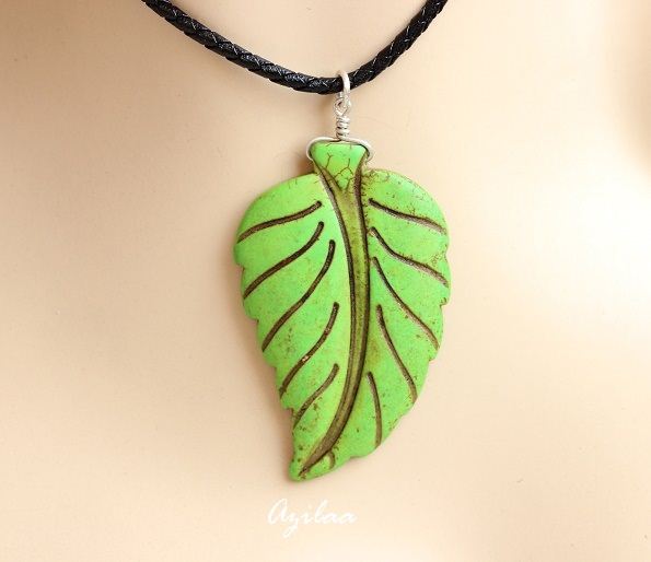 Fresh green leaf gemstone pendant necklace, Unique jewelry
