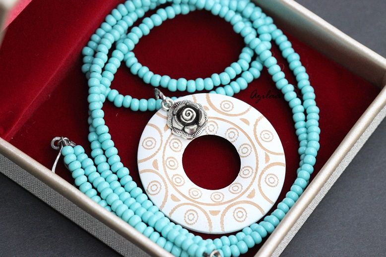 Designer Tribal  White Blue Pendant necklace 