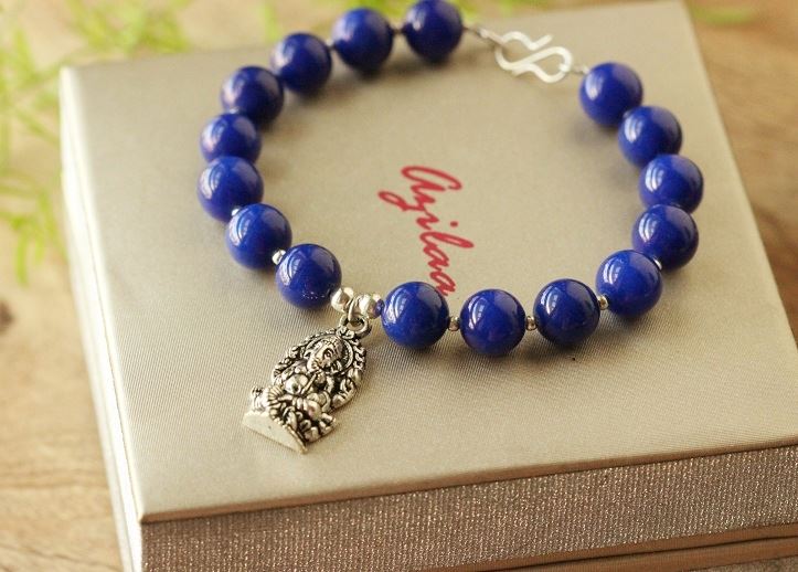 GOD Ganesha charm gemstone beaded blue handmade bracelet