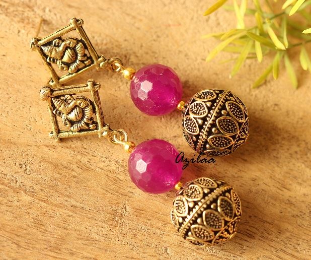 Ganesha Antique Gold  tone purple handmade earrings