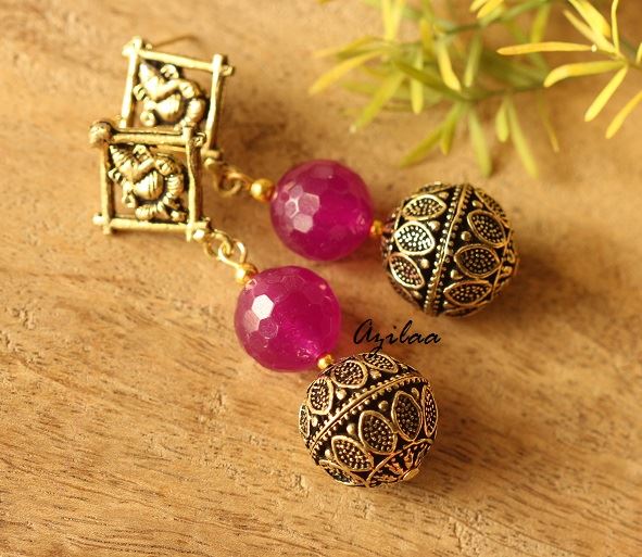 Ganesha Antique Gold  tone purple handmade earrings