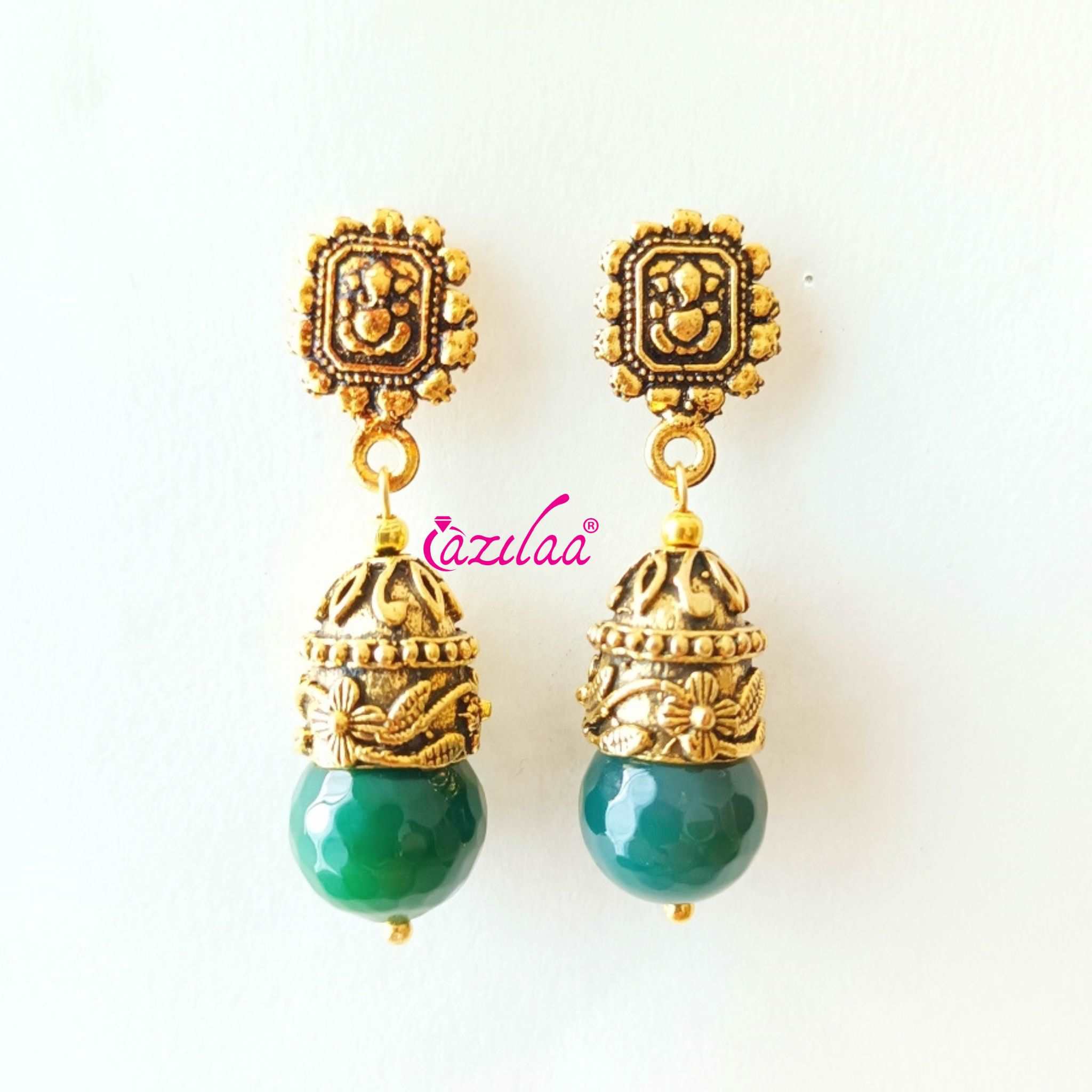 Ganesha Green agate dangler antique golden earrings