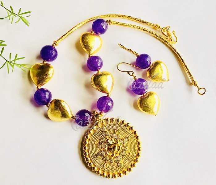  Ganesha PURPLE beaded heart handmade gold plated necklace set