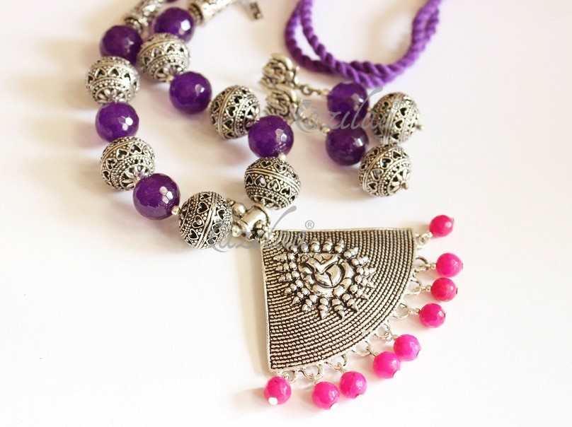  Ganesha Purple agate gemstone handmade necklace earring set