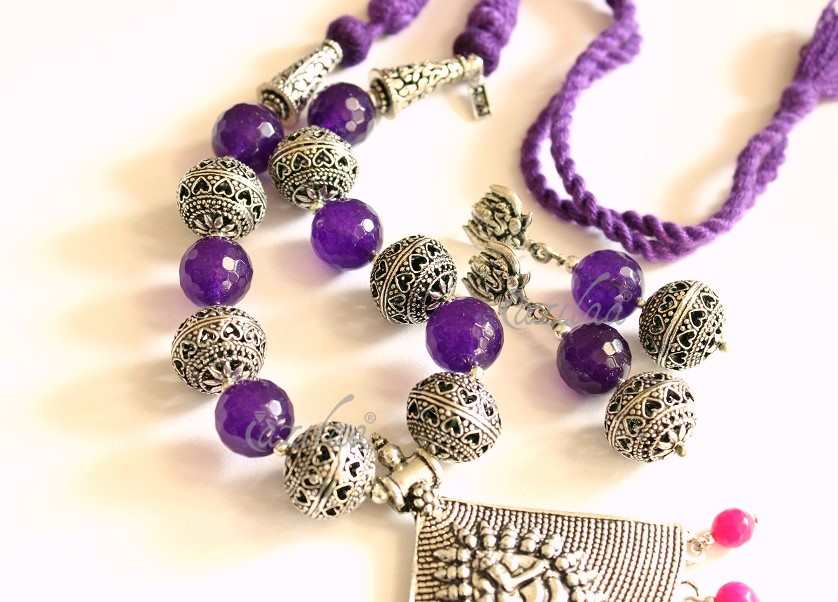  Ganesha Purple agate gemstone handmade necklace earring set