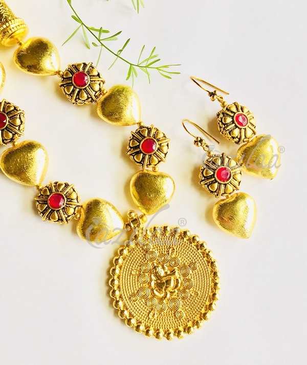  Ganesha RED beaded heart handmade gold plated necklace set