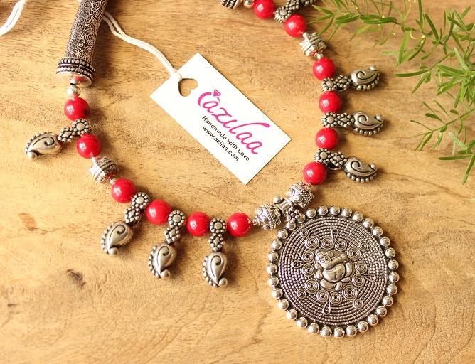 Ganesha Red coral handmade Gemstone Necklace earring set