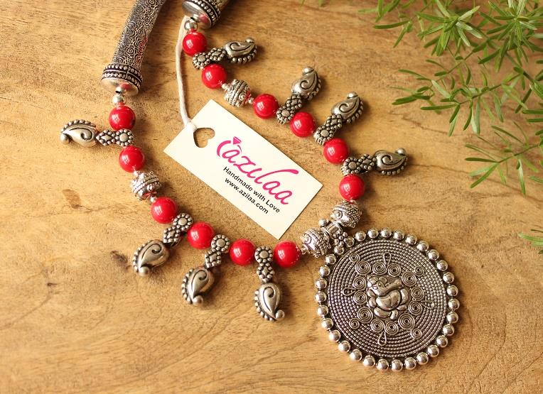 Ganesha Red coral handmade Gemstone Necklace earring set