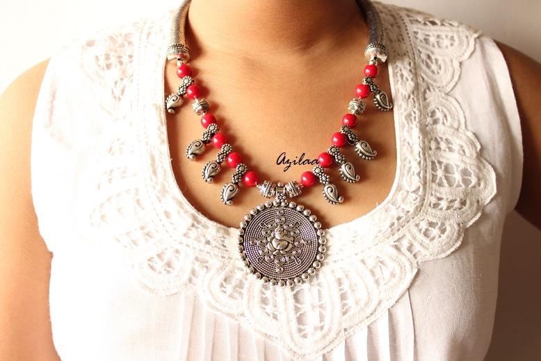Ganesha Red coral handmade Gemstone Necklace earring set