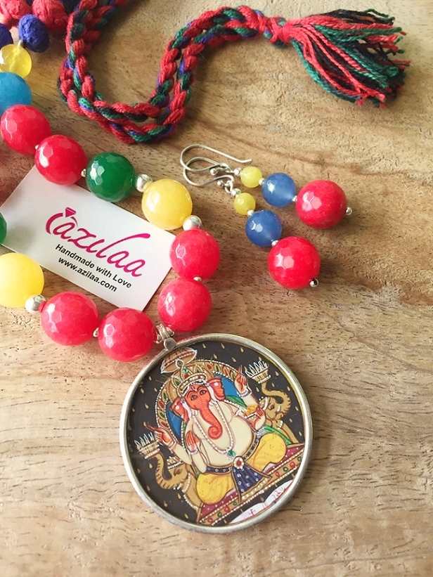  Ganesha Vibrant sterling silver gemstone handmade necklace set
