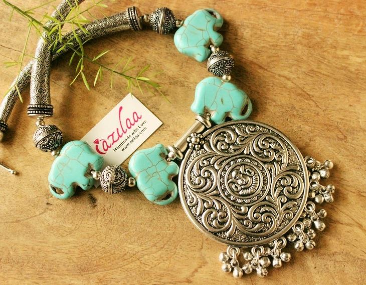 Ganesha antique silver tone gemstone Elephant necklace set