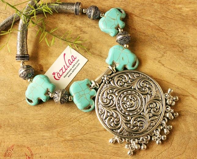 Ganesha antique silver tone gemstone Elephant necklace set
