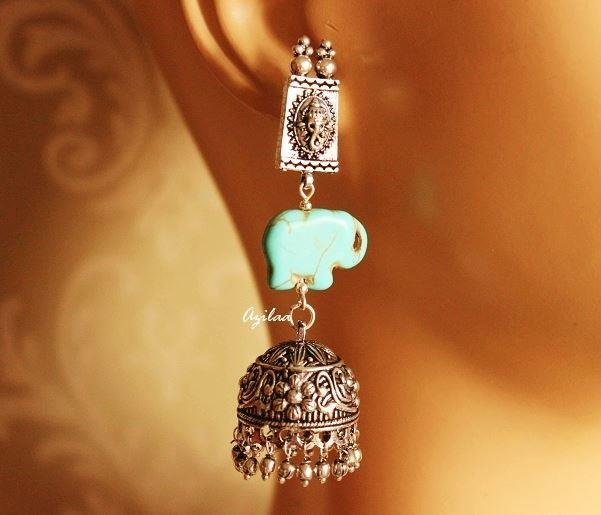 Ganesha blue Ethnic Elephant silver gemstone earrings