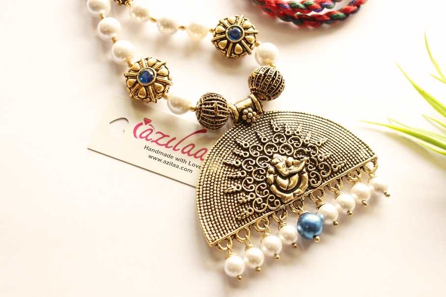  Ganesha blue pearl antique gold tone necklace earrings set