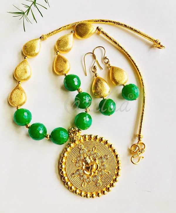 Ganesha green gemstone handmade gold plated necklace set