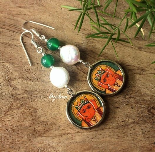 Ganesha hand painted Pearl gemstone silver earrings