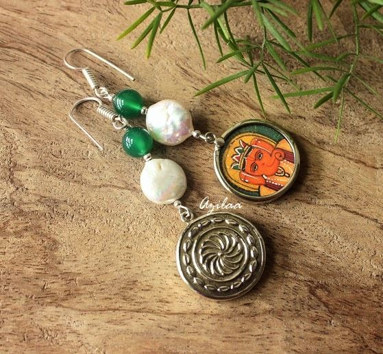 Ganesha hand painted Pearl gemstone silver earrings