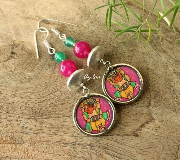 Ganesha hand painted gemstone silver earrings