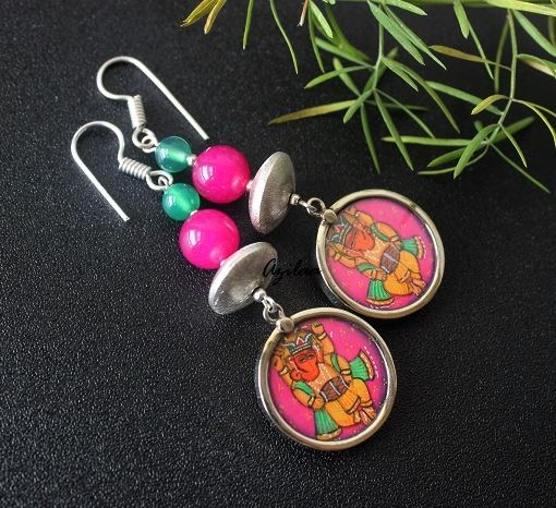 Ganesha hand painted gemstone silver earrings