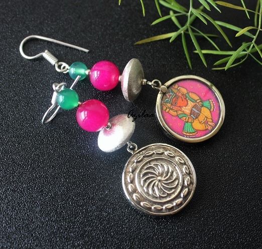 Ganesha hand painted gemstone silver earrings