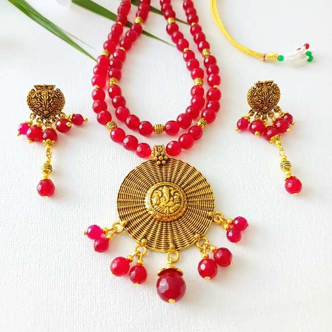 Ganesha maroon gemstone necklace earrings set
