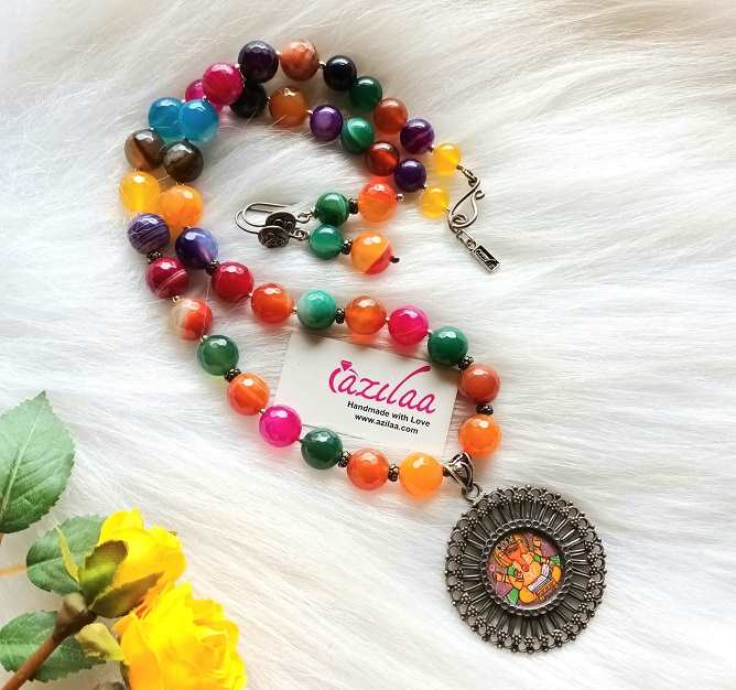  Ganesha multi gemstone sterling silver Gemstone necklace set