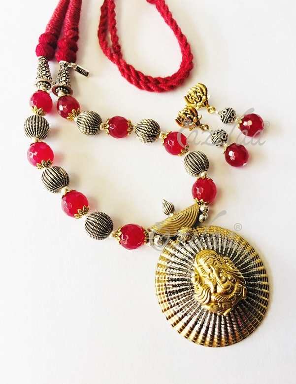 Ganesha pendant gemstone beaded dual tone necklace set